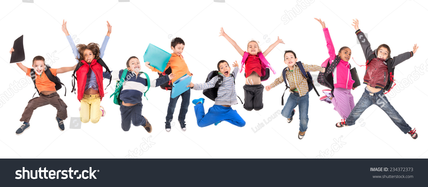 Group of school children jumping isolated in white #234372373