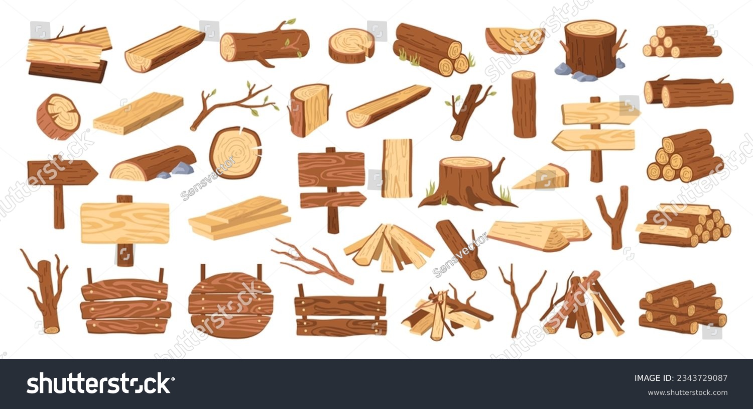 Wood tree logs, stumps and trunks, wooden pieces flat cartoon vector illustration. Lumber and firewood cut branches, lumberjack materials, campfire and woodwork planks big set collection #2343729087