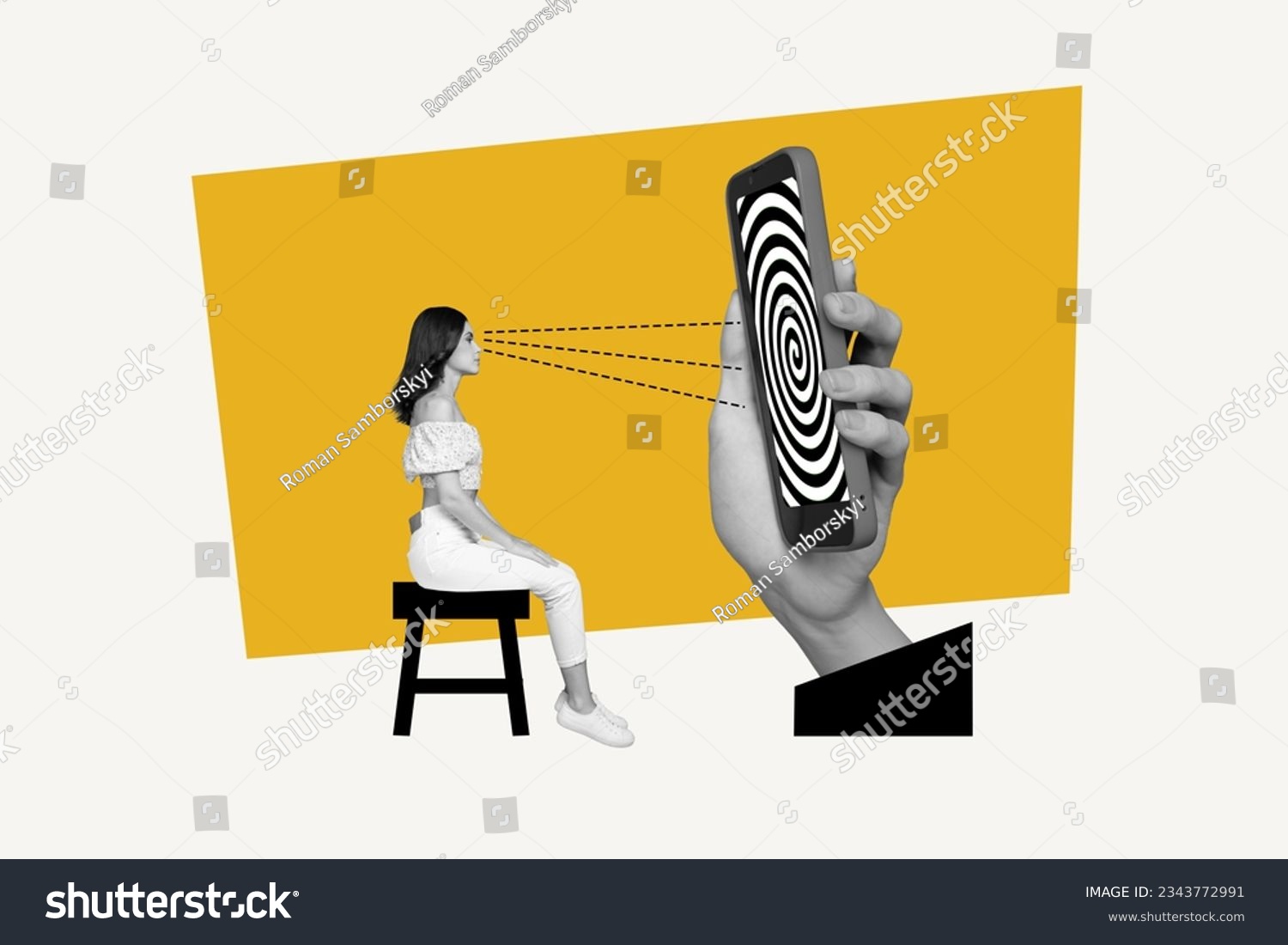 Picture collage image of young girl watching display scre fake news fase information isolated on painted background #2343772991
