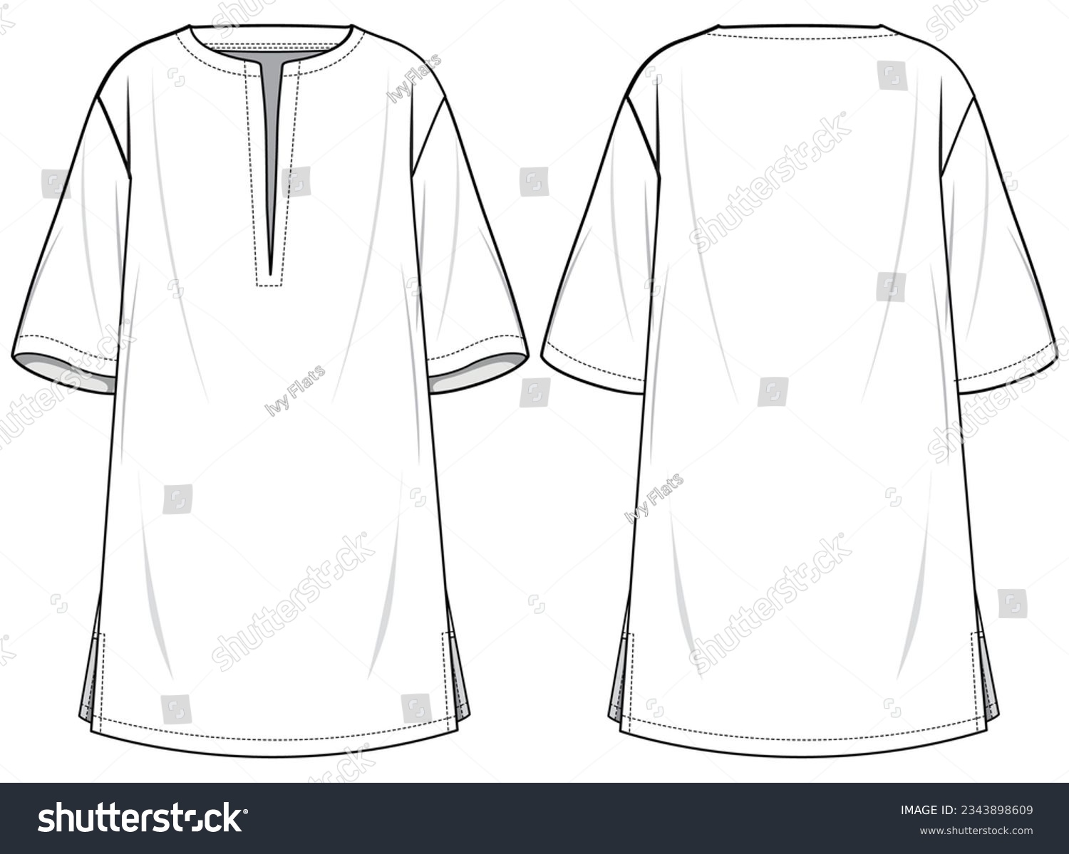 Women Shift dress design flat sketch fashion illustration with front and back view. Side slit tunic dress a line dress frock cad drawing vector template #2343898609