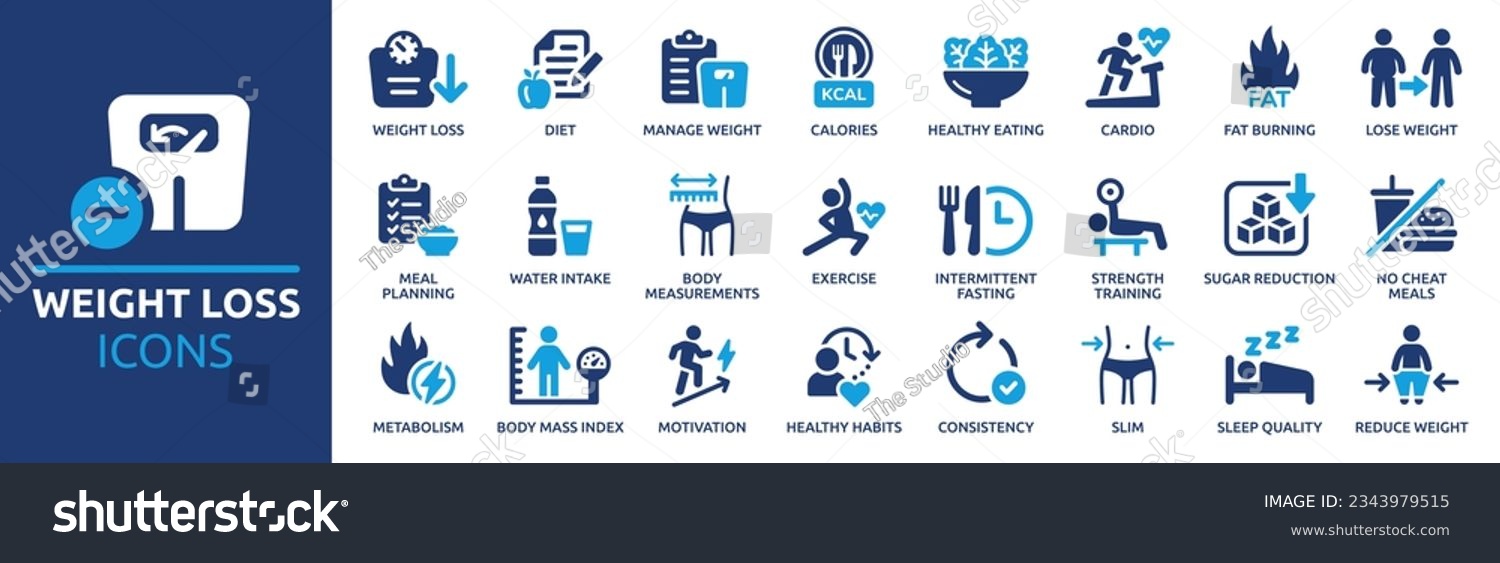 Weight loss icon set. Containing diet, manage weight, calories, healthy eating, cardio, fat burning, meal planning, body measurement and exercise icons. Solid icon collection. Vector illustration. #2343979515