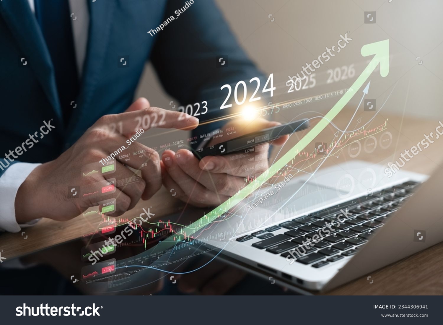 Explore the stock market trends for 2024 with analytical visuals of businessman planning long term investments and future business growth, Navigate towards success with smart strategies. #2344306941