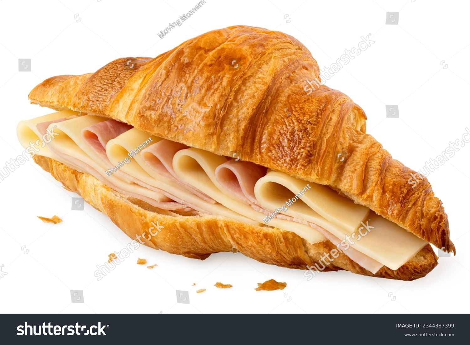 Ham and cheese croissant isolated on white. Crumbs. #2344387399