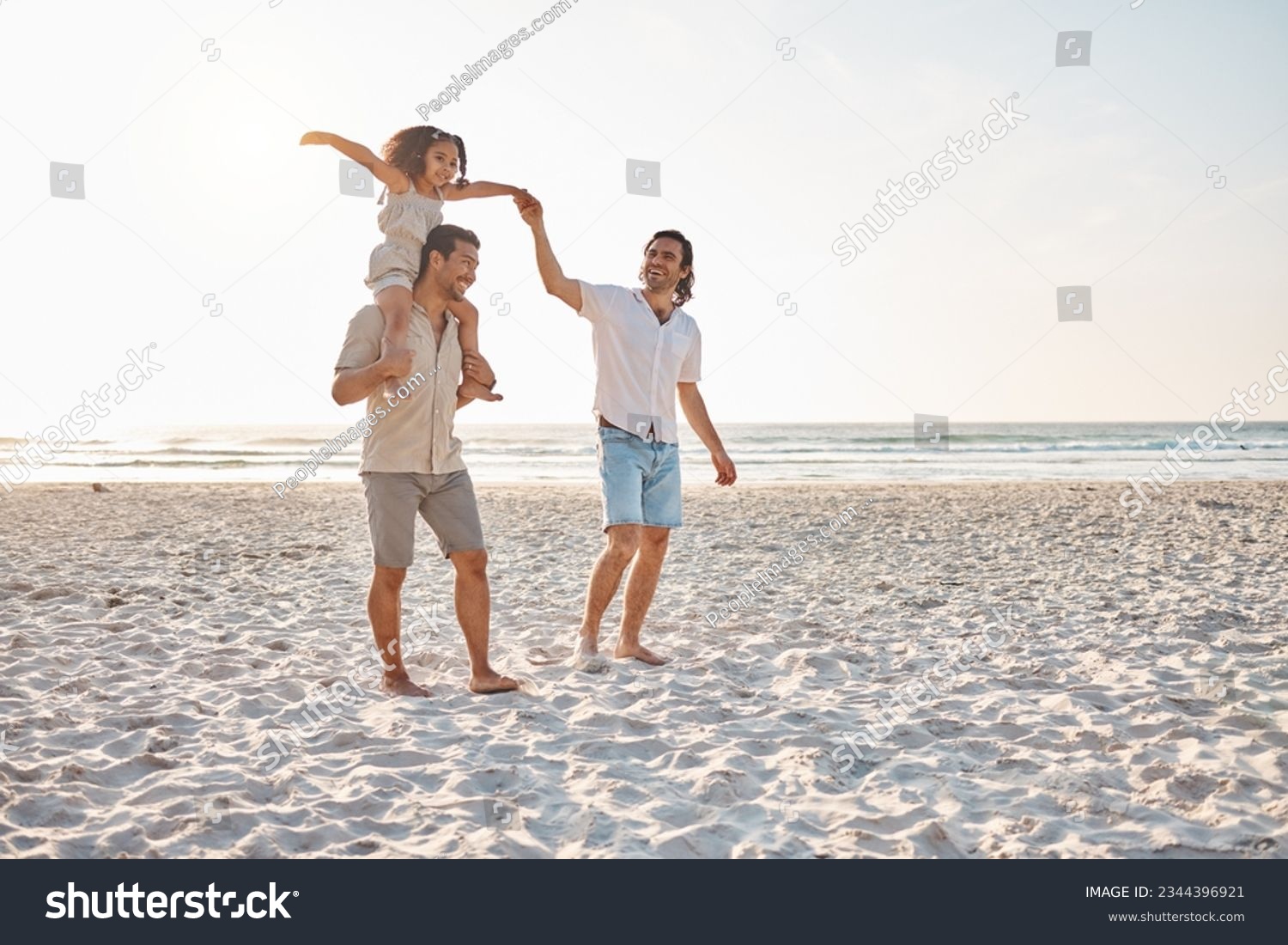 Gay couple, piggyback and holding hands with family at beach for seaside holiday, support and travel mockup. Summer, vacation and love with men and child in nature for lgbtq, happy and walking #2344396921
