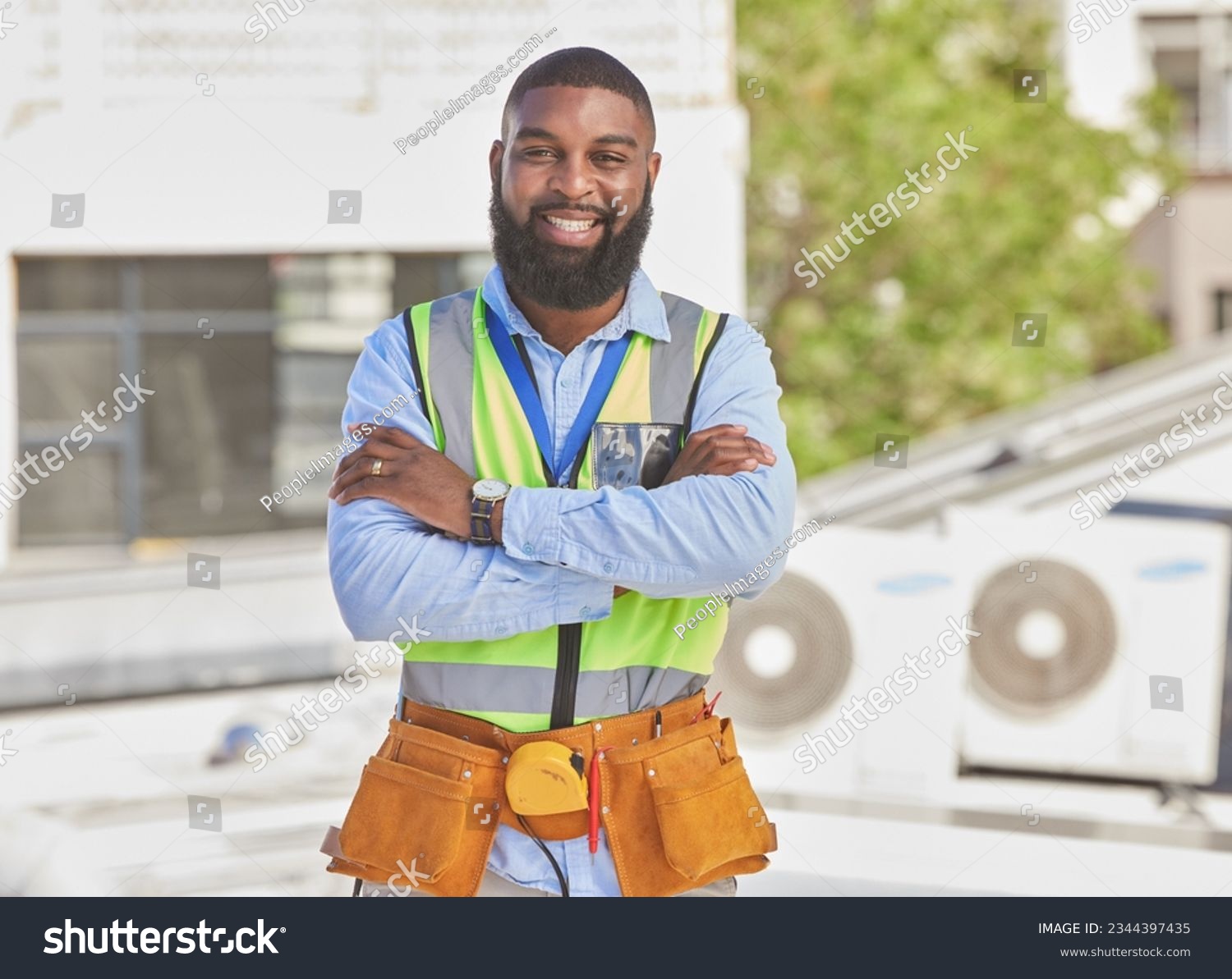 Black man, portrait and construction worker, arms crossed and maintenance, engineer smile and architecture outdoor. Male contractor, professional renovation and urban infrastructure with handyman #2344397435