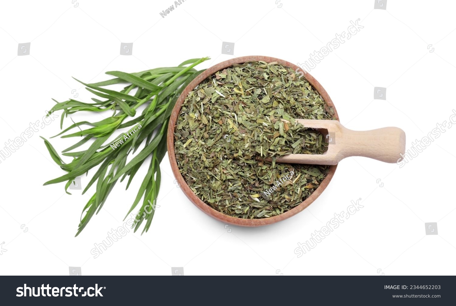 Bowl of dry tarragon, scoop and fresh leaves isolated on white, top view #2344652203