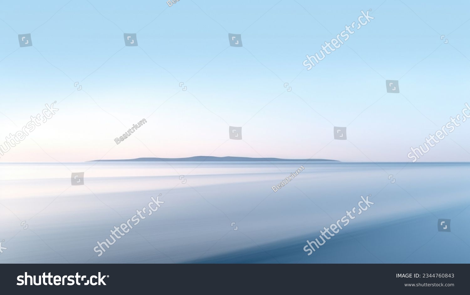 Clear blue sky sunset with horizon on calm ocean seascape background. Picturesque #2344760843