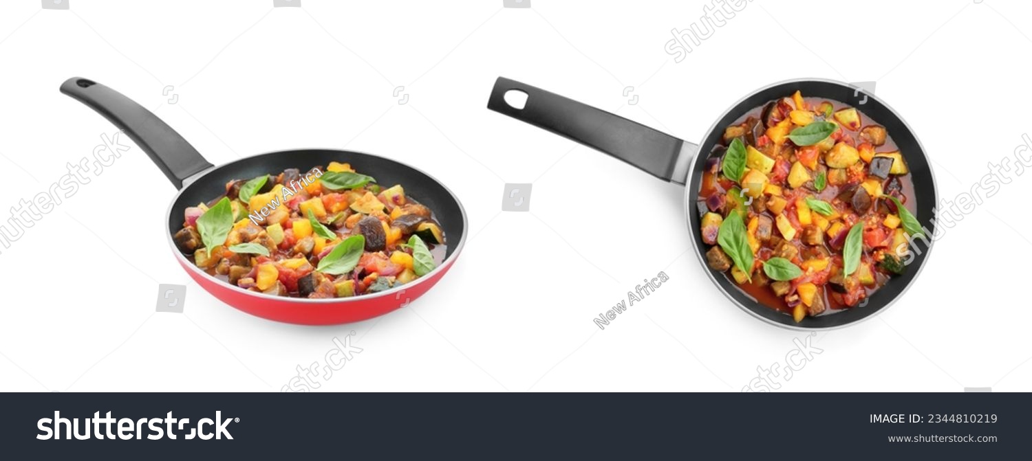 Tasty ratatouille in frying pan isolated on white, top and side views. Collage design #2344810219