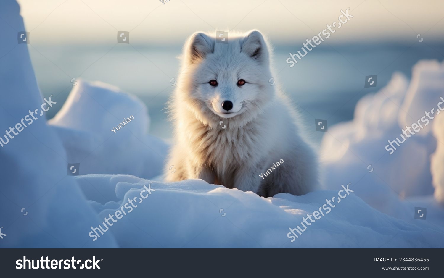 single cute little arctic fox relax on snow. clean and bright white snowfield background with golden sun light. beautiful polar scenery.  #2344836455