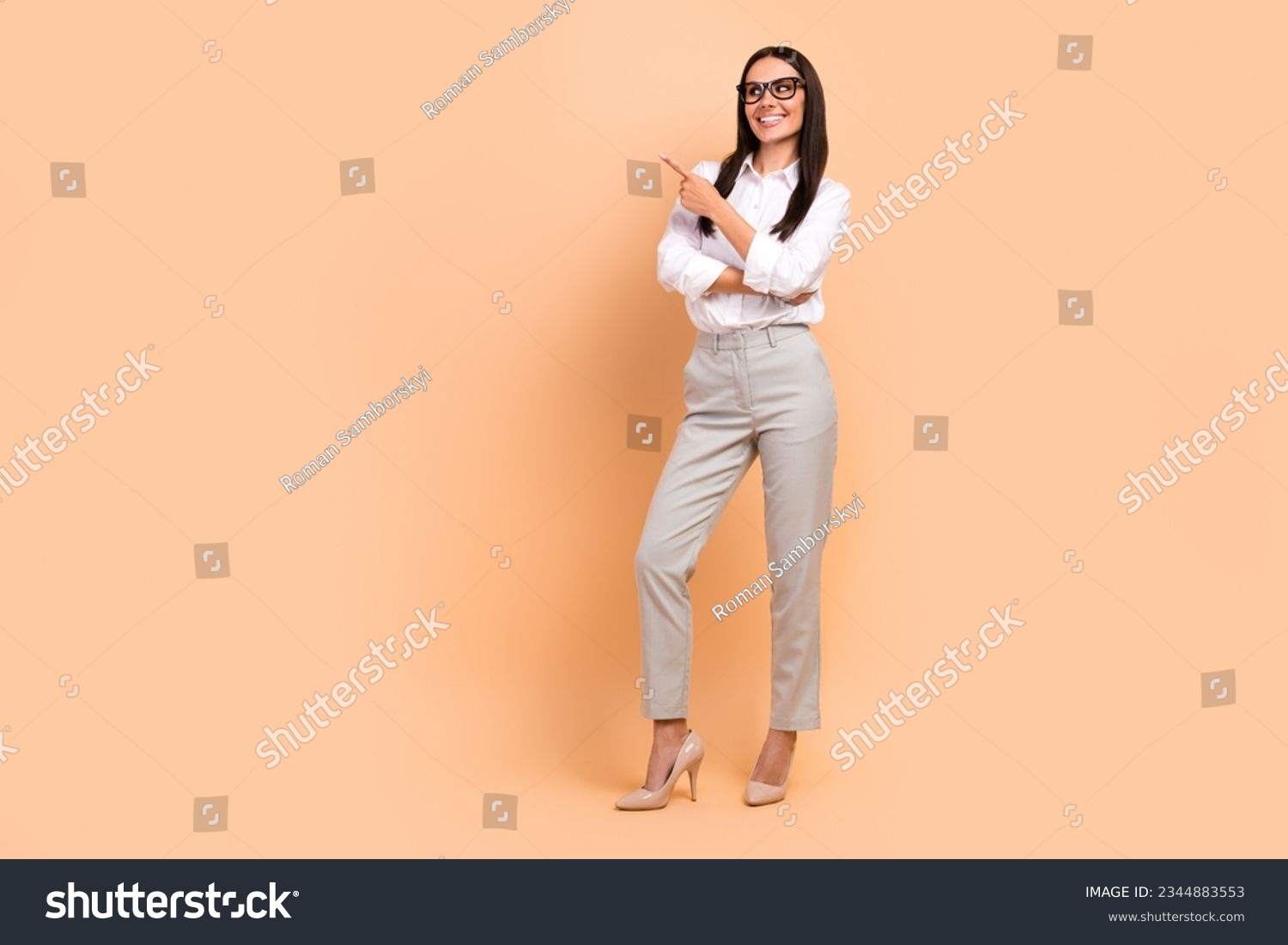 Full body portrait of classy gorgeous lawyer lady indicate finger empty space novelty isolated on beige color background #2344883553