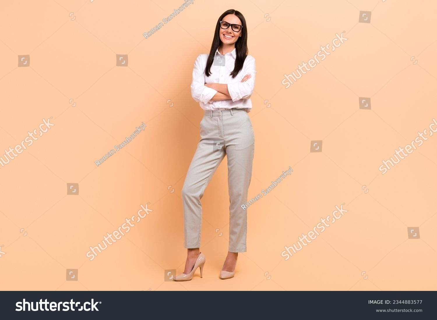 Full length photo of confident business woman crossed hands model posing office monthly best employer isolated on beige color background #2344883577