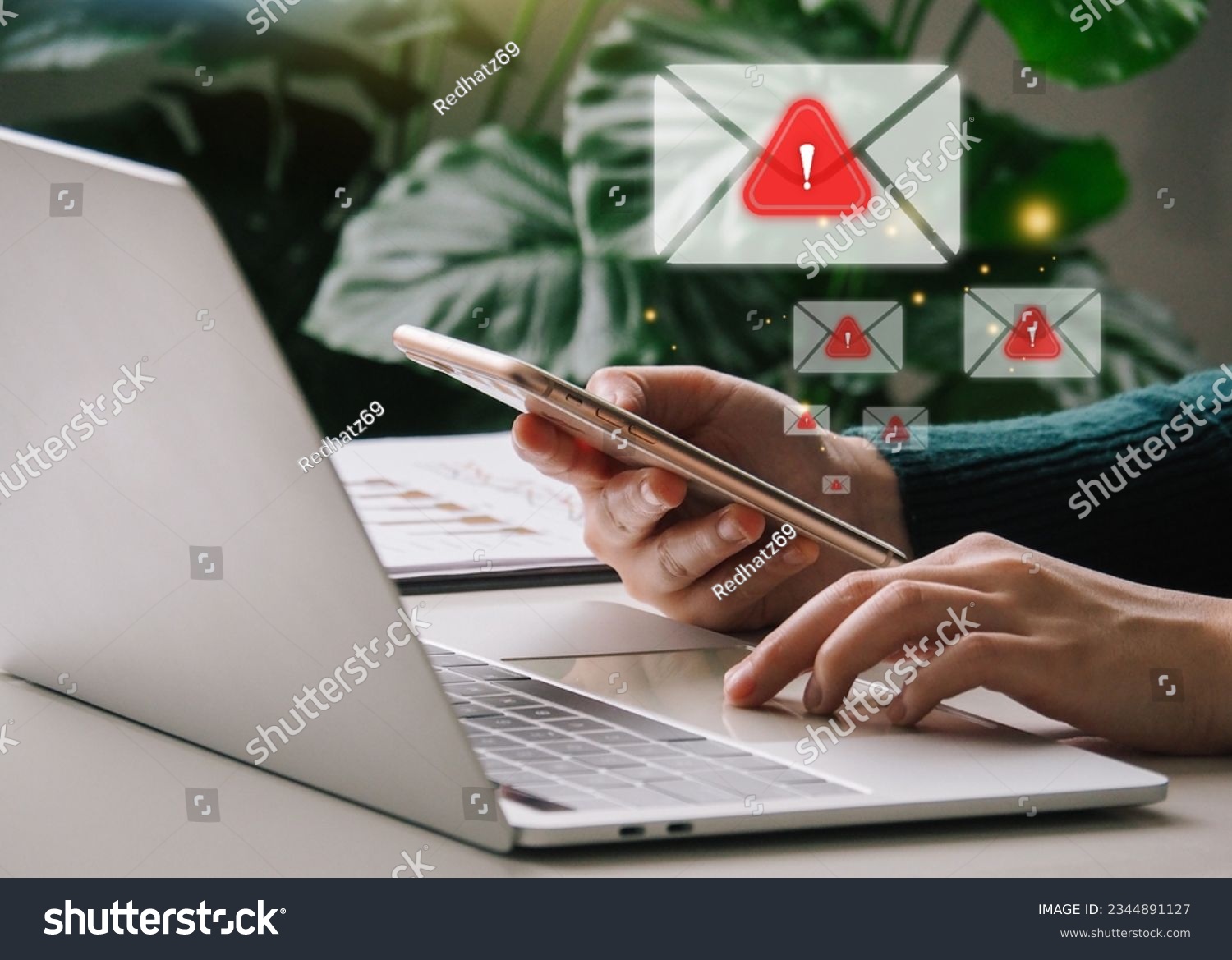 Email Spam concept. Business Woman hold smartphone , Business woman send E-mail virtual screen technology future wireless network connection over the world #2344891127