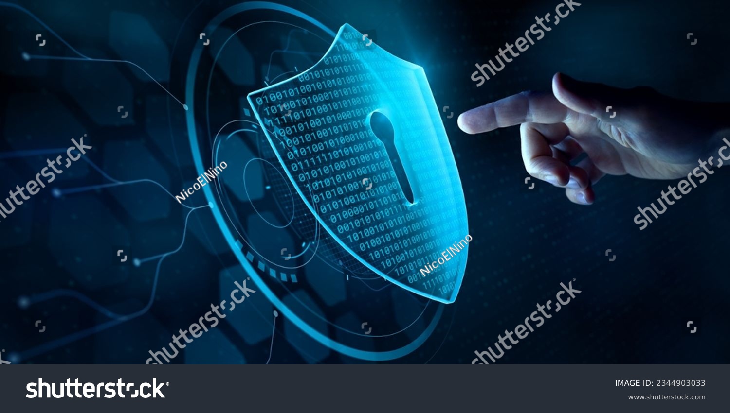 Cyber security and data protection on internet. Person touching virtual shield, secure access, encrypted connection. Password protected system and storage. Cybersecurity technology. #2344903033