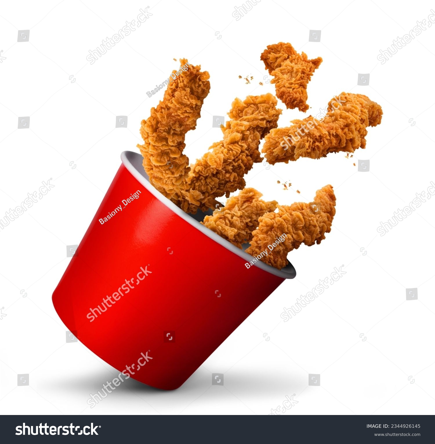 Fried Chicken hot crispy strips crunchy pieces of tenders in a Bucket - large Red box isolated in white background
 #2344926145