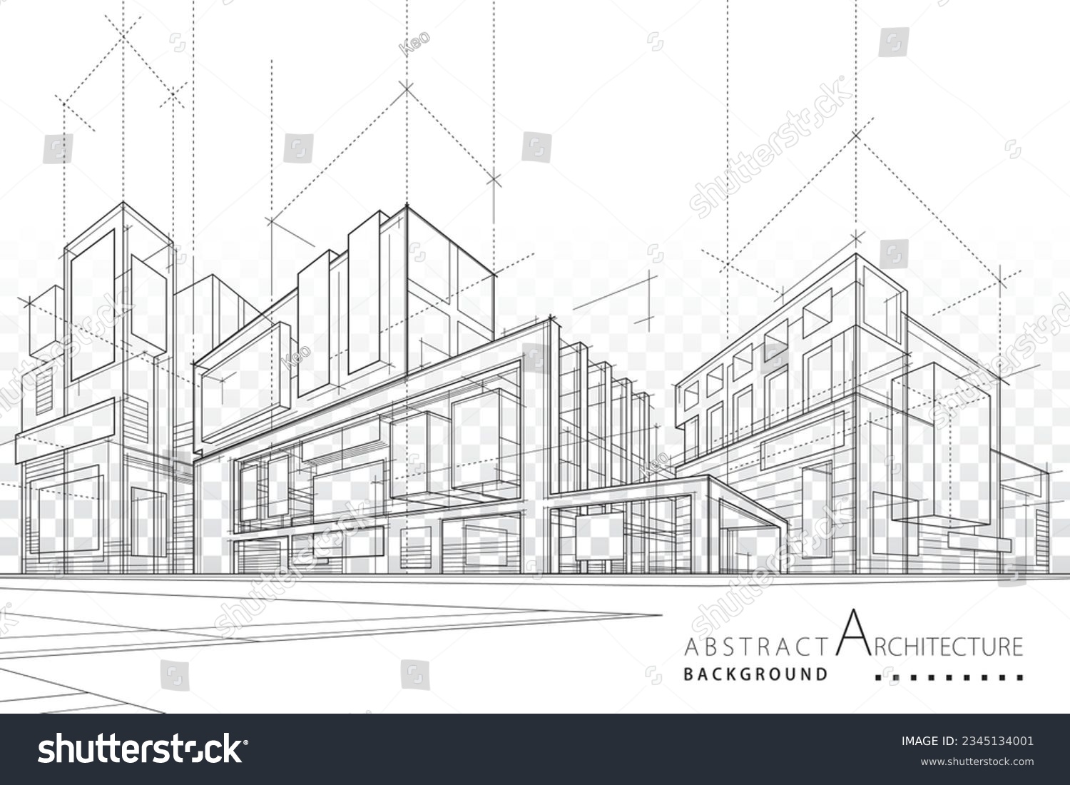 3D illustration abstract modern urban building out-line black and white drawing of imagination architecture building construction perspective design.  #2345134001