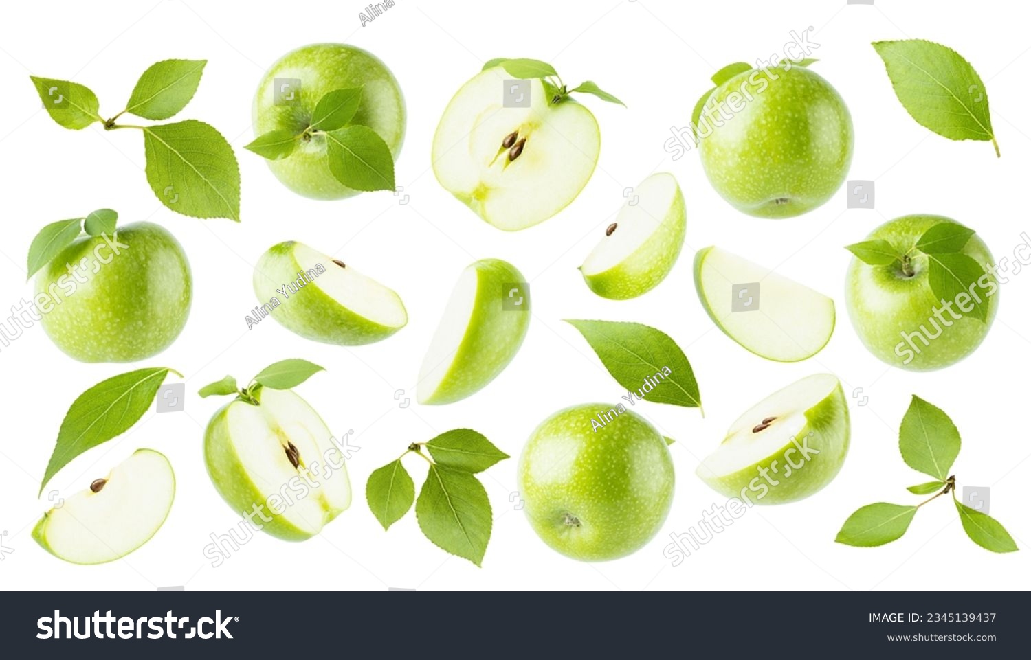 Fresh green apples and green leaves, rich collection - whole, half and quarter, different sides, fly, levitation as patten, isolated on white background. Summer natural food, fruits, design elements. #2345139437