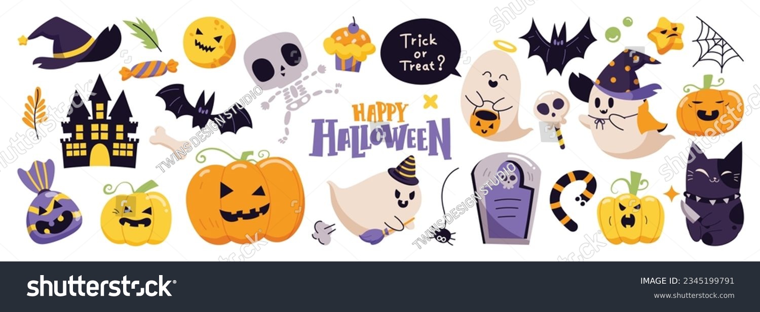 Happy Halloween day element background vector. Cute collection of spooky ghost, pumpkin, bat, candy, cat, skull, spider, grave, castle. Adorable halloween festival elements for decoration, prints. #2345199791