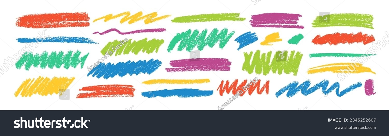 Colorful dry brush marks, pencil squiggles and scribbles. Hand drawn vector crayon various lines, spirals and doodles. Multi colored rough highlighters, chalk strokes, pencil dividers. Curly lines. #2345252607