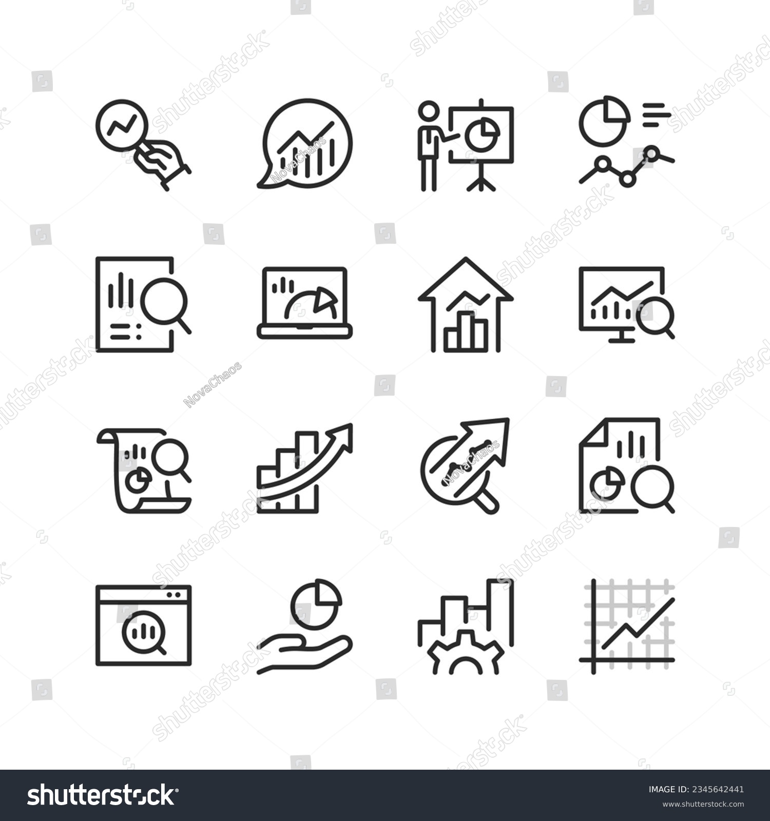 Data analytics, linear style icons set. Analyzing metrics, graphs and charts. Analytical tools. Visualization of results. Information for success strategy. Editable stroke width #2345642441