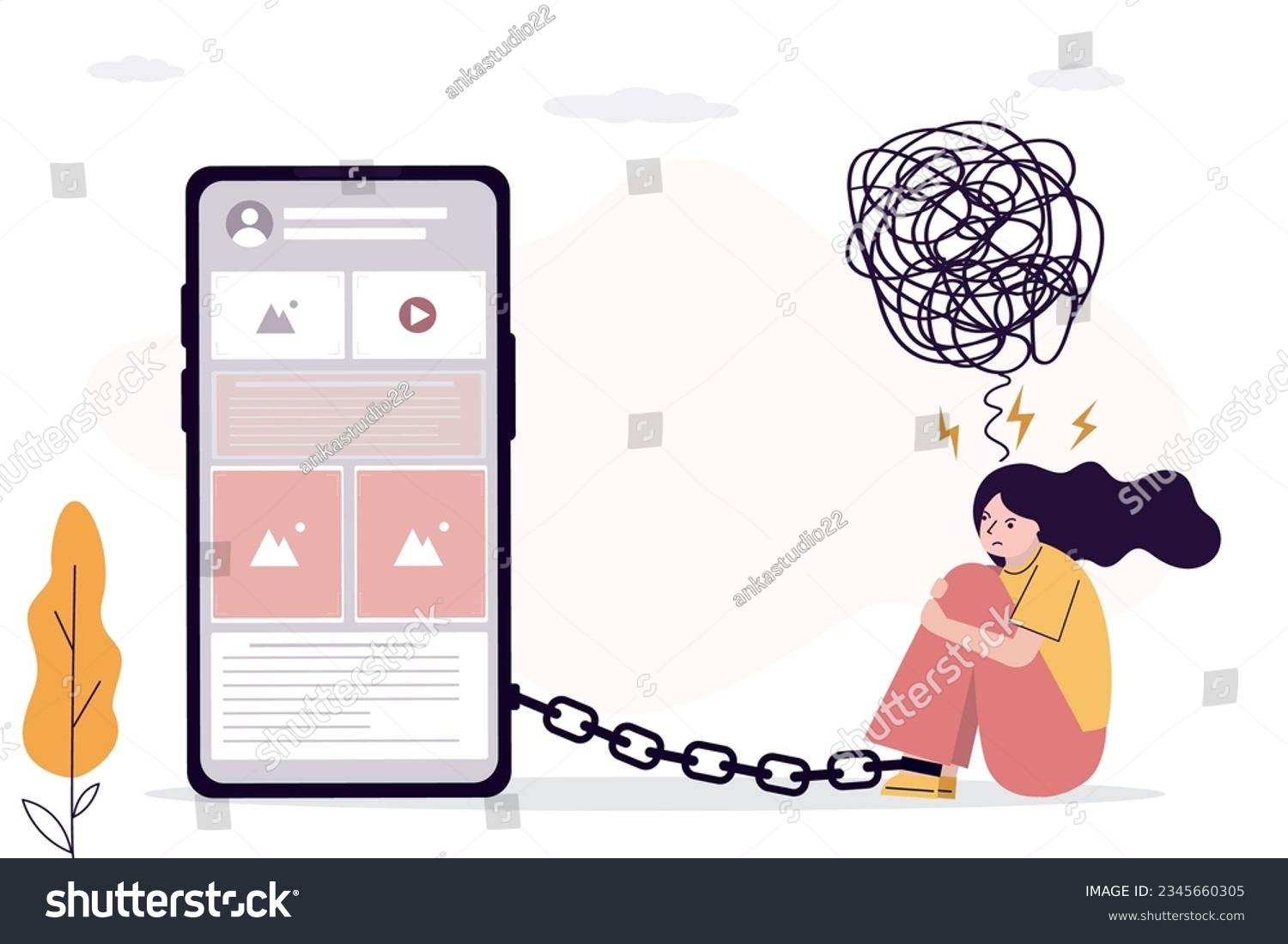 Businesswoman sitting near mobile phone attached by chain to leg. Unhappy female character with digital addiction. Woman need digital detox. Problems of cyber dependence. Mental burden. flat vector #2345660305