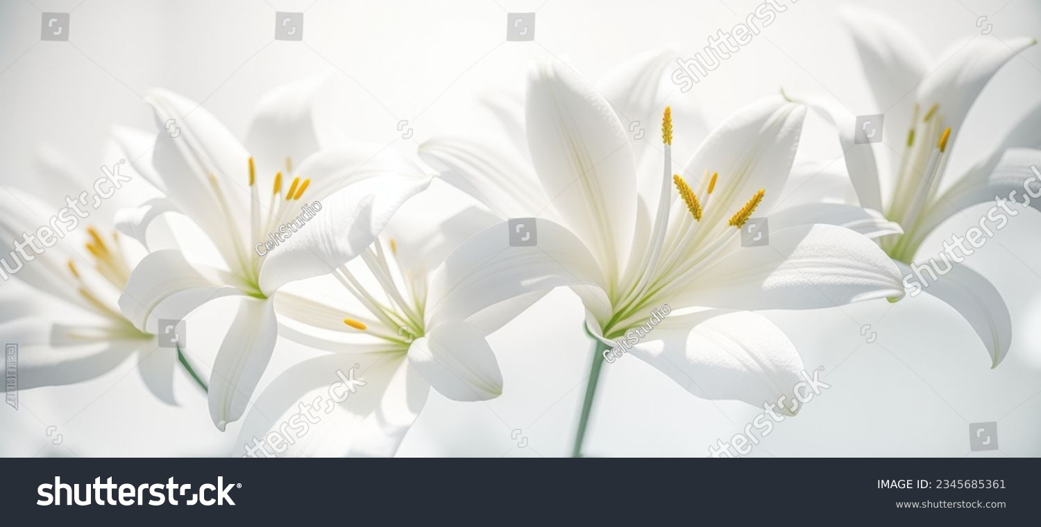 white lily flowers banner. White lily flower on white background. Floral wedding card, celebration, invitation, farewell greeting, condolence. Generative AI. #2345685361