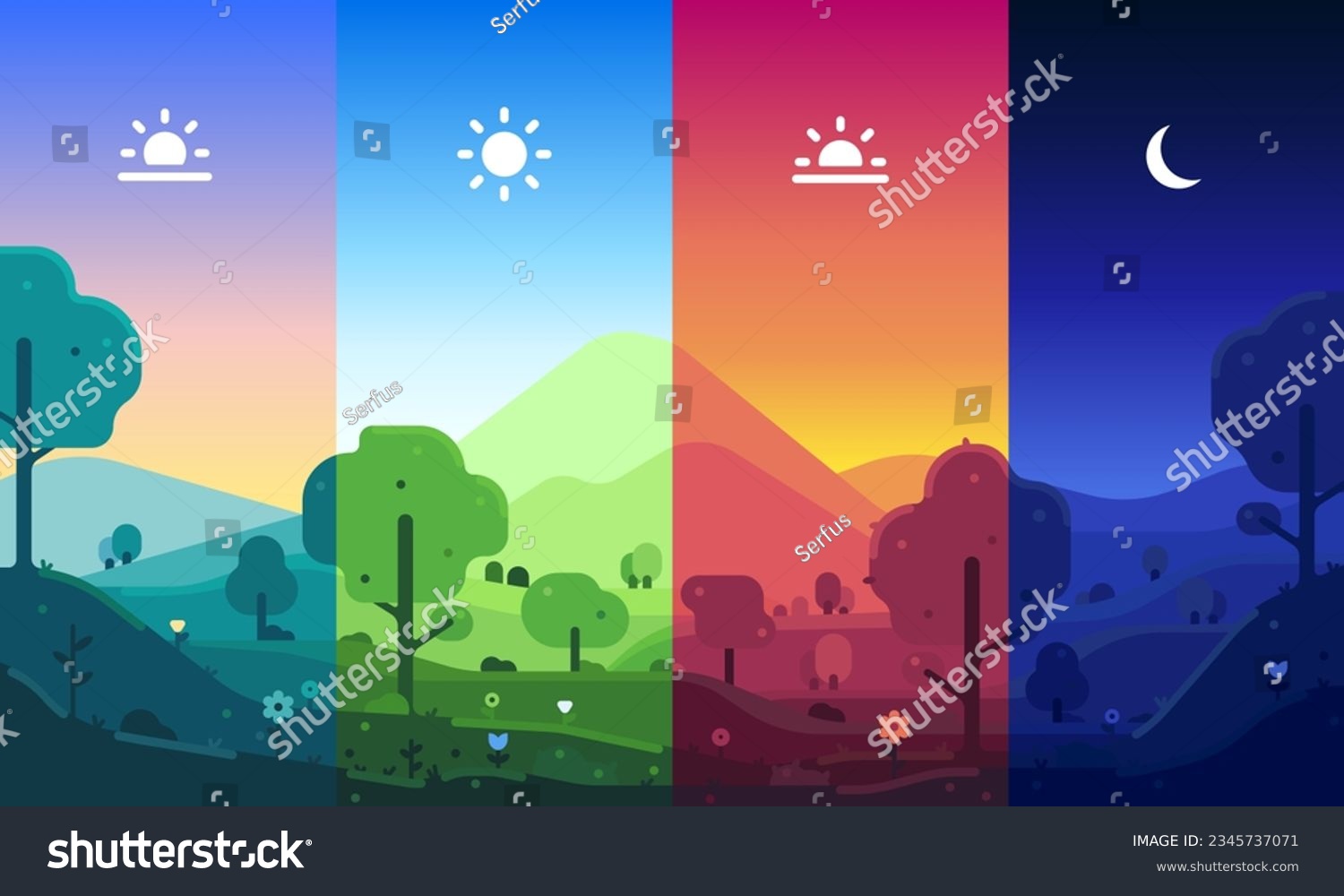 Landscape illustration of four times of day with icons. Dawn, noon, sunset, midnight. Icons of the time of day. Four illustrations in one #2345737071