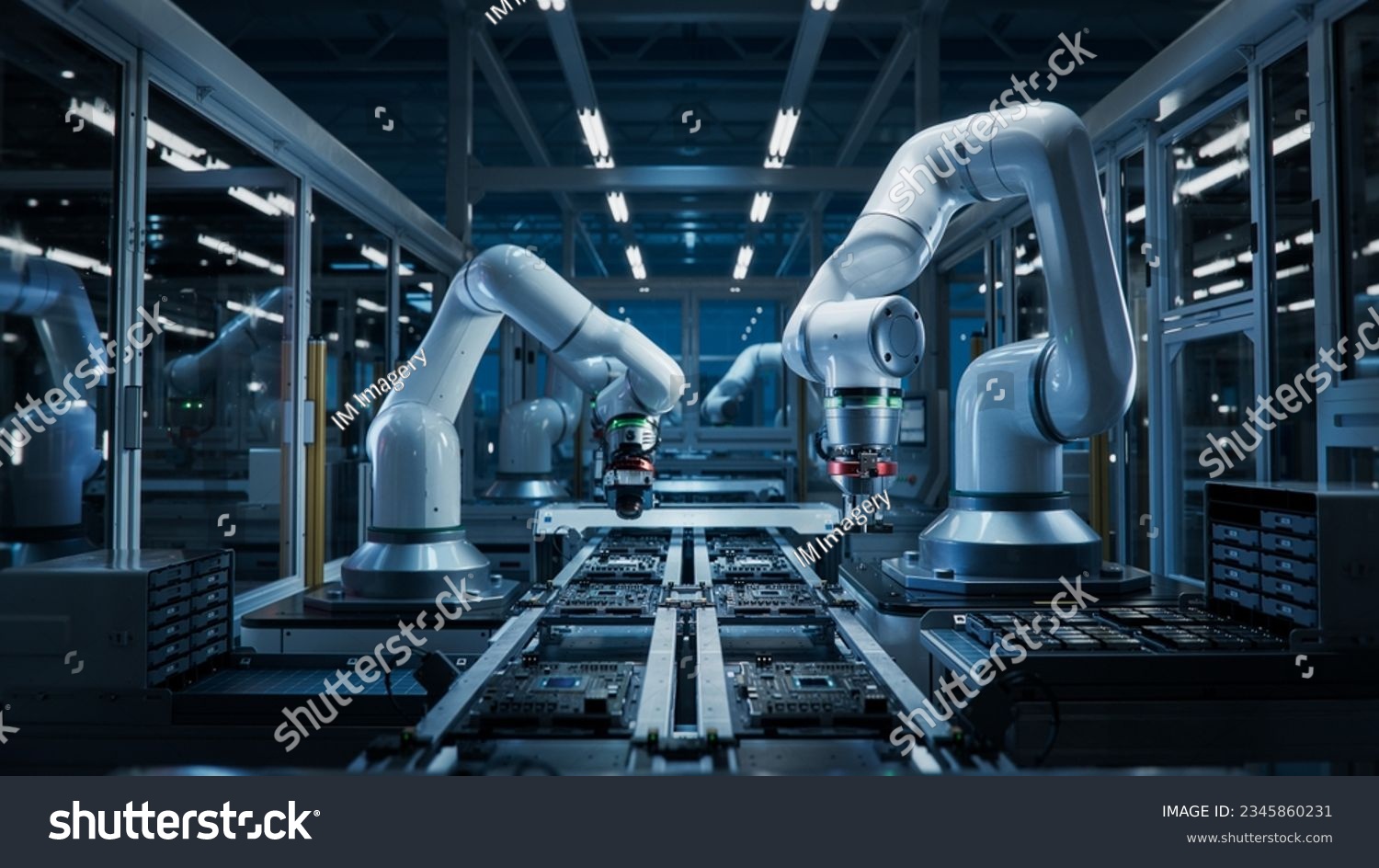 Advanced High Precision Robot Arms on Fully Automated PCB Assembly Line Inside Modern Electronics Factory. Electronic Devices Production Industry. Component Installation on Circuit Board #2345860231