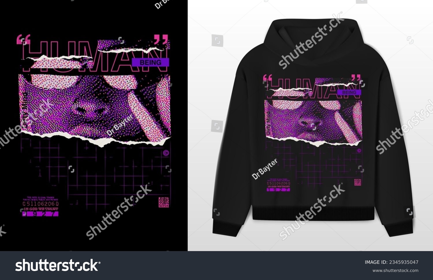 Art design of urban and retro-futuristic fusion, black hoodie and template. 'Human being' message in vibrant tones, with pixelated illustration in violet. Capture the essence of the human and futurist #2345935047