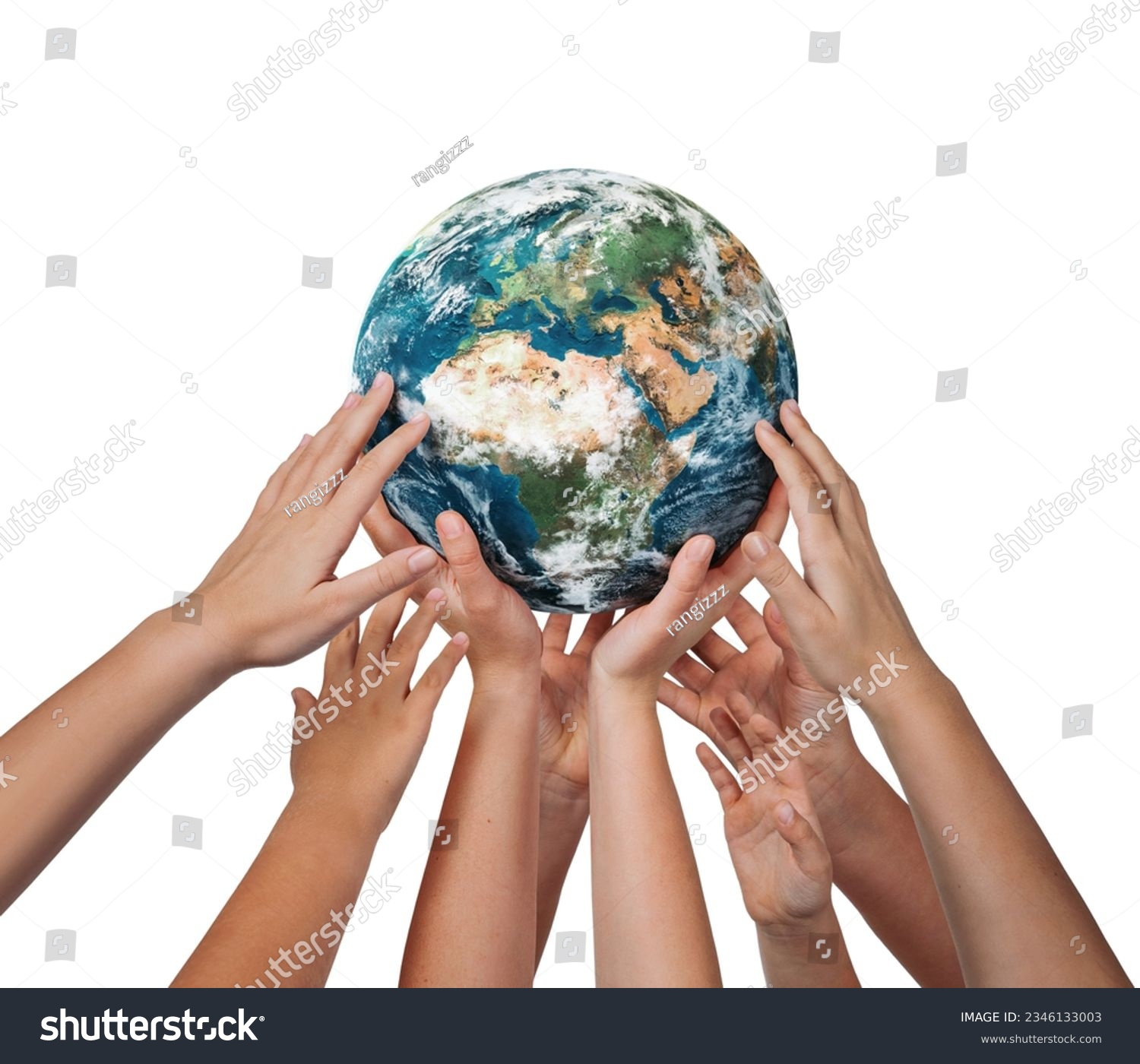 Many children hands holding planet earth isolated on white background #2346133003