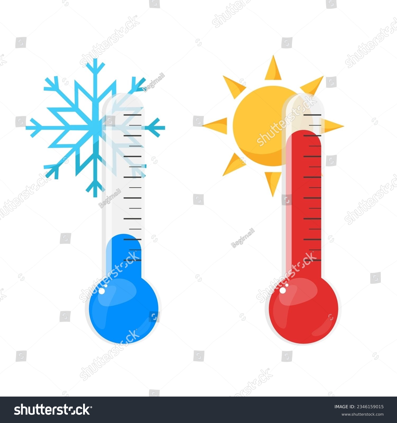 Transparent thermometers. Vector hot and cold temperature thermometers with sun and snow symbols. Celsius and Fahrenheit. #2346159015
