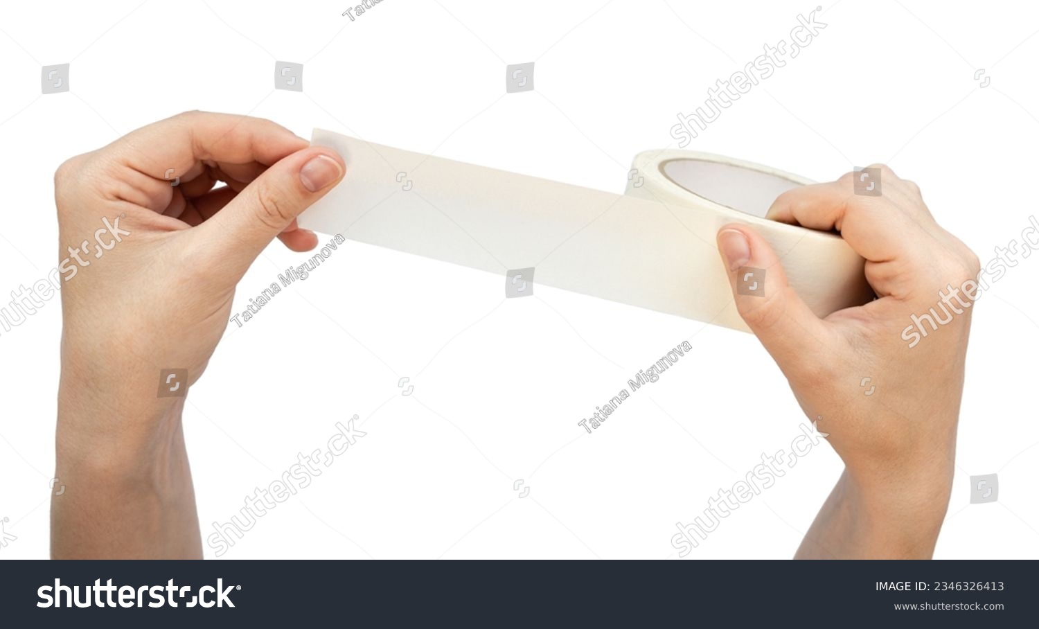 Hands hold masking tape isolated on white background. Adhesive tape is wrapped in your hands #2346326413