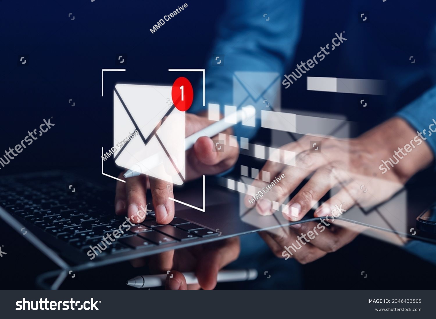 Businessman sending email by laptop computer to customer, business contact and communication, email icon, email marketing concept #2346433505