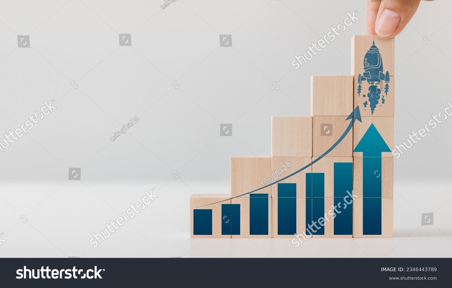 Growth hacking concept with a chart and a rocket flying up. A modern approach to marketing, combining creativity and technical savvy to rapidly increase business growth, and automation to drive growth #2346443789