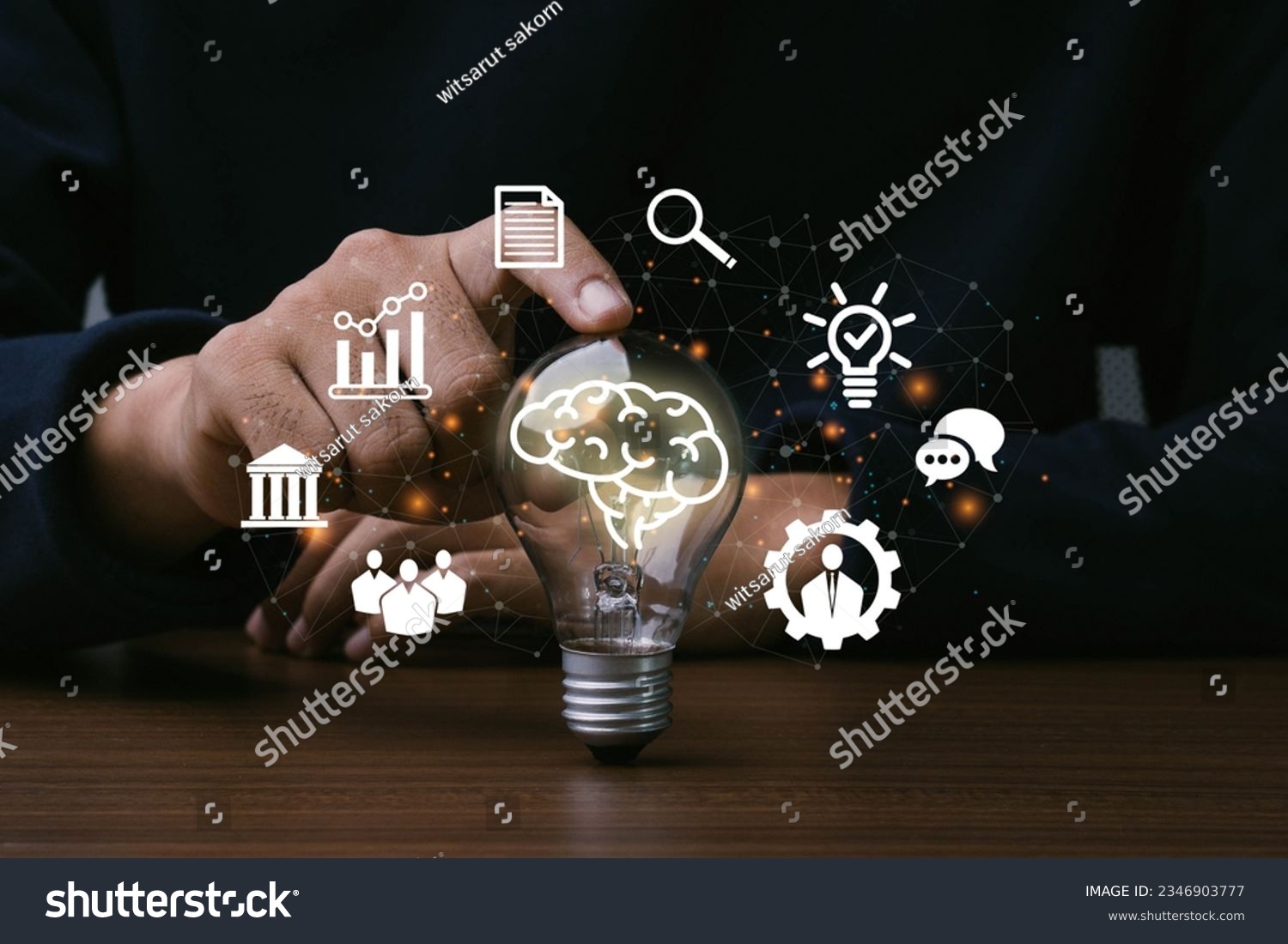 Skills,Knowledge and Ability.Man hand touching light bulb with icon of skills.Thinking, Creativity, Management, Digital skill.Education concept. #2346903777