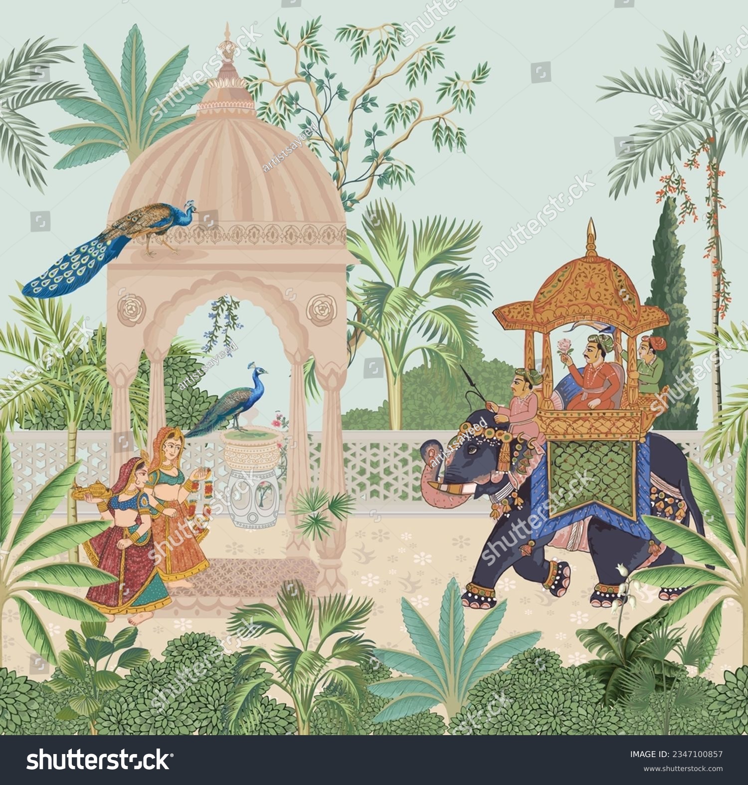 Indian Mughal king riding elephant in a garden with queen, woman, peacock, tree illustration for wall art #2347100857