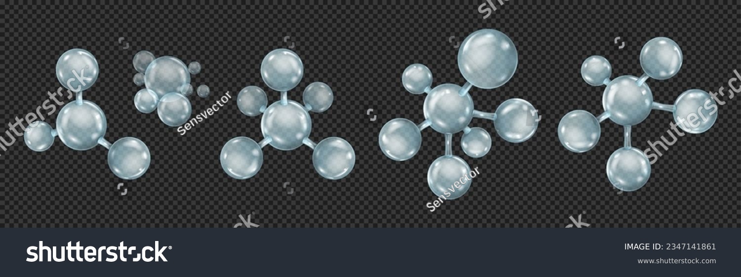 Molecule and atoms formula presentation, realistic illustration collection. Isolated glass structure of chemical substance, biology and science project protons connection presentation #2347141861
