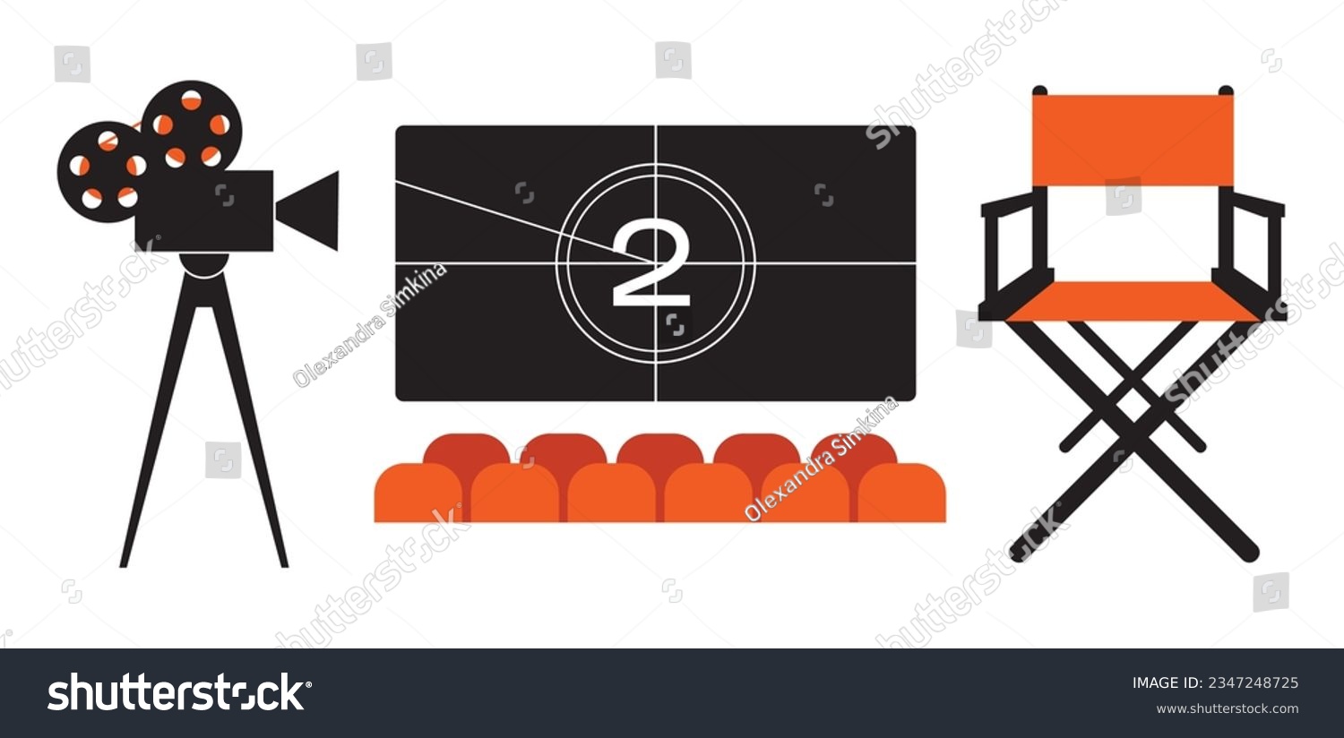 Cinema elements set. Video camera, director chair, cinema screen. Vector illustration for cinema theater, film, show, movie making concept. Flat vector illustration isolated on background #2347248725