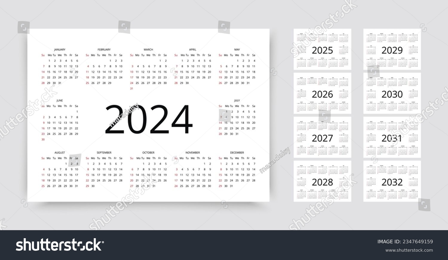 2024 calendar. Week starts Sunday. Template of - Royalty Free Stock ...