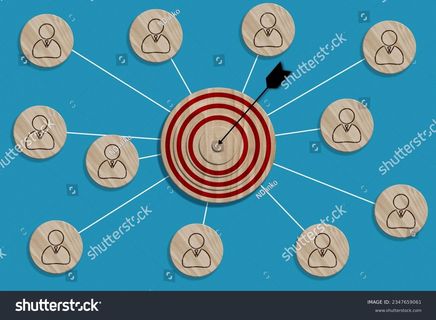 A wooden round target with an arrow and wooden plaques with a stick figure icon are connected, symbolizing the concept of target audience identification #2347659061