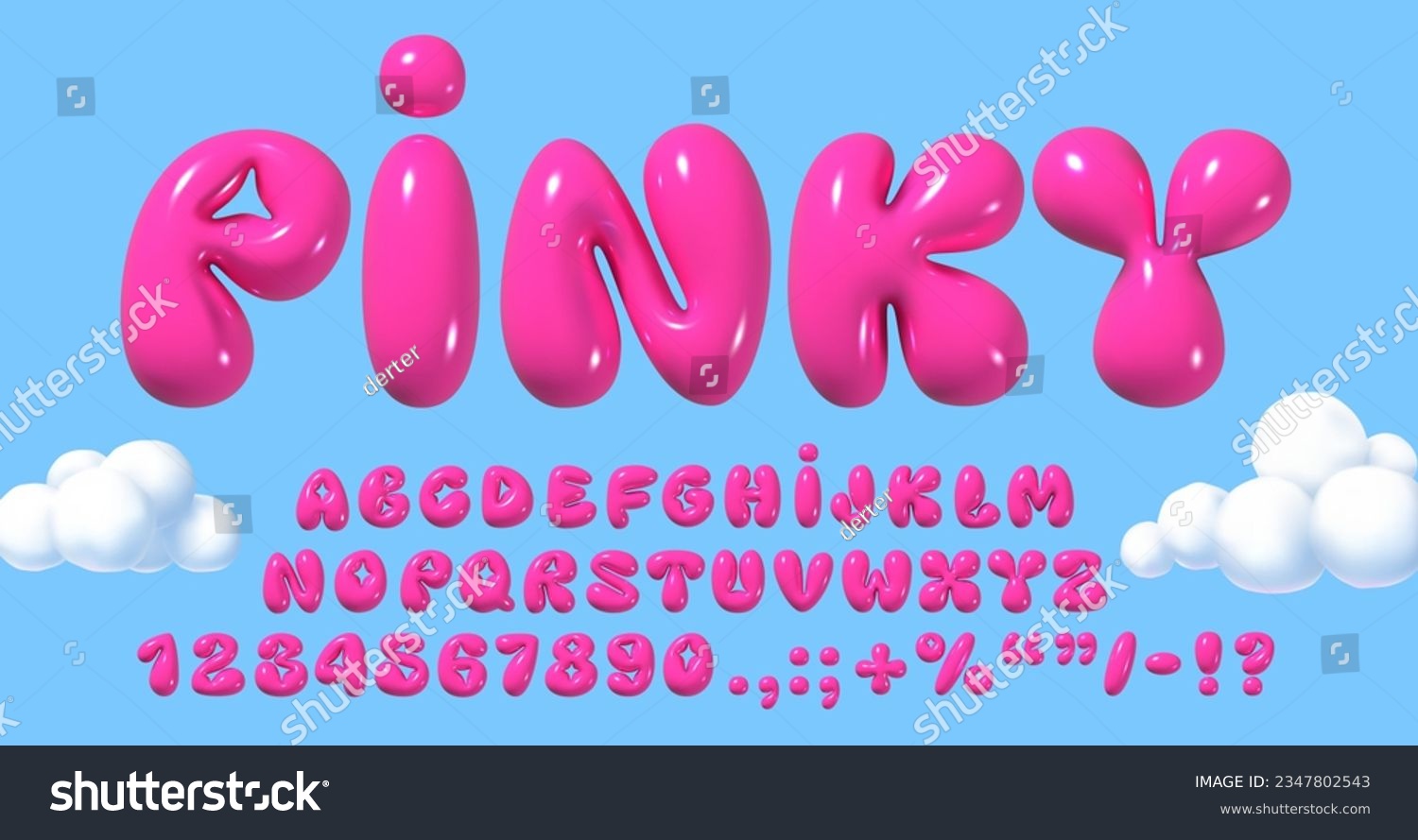 Glossy 3D pink bubble font in Y2K style. Playful design inspired by 2000s or 90s, inflated balloon letters. Trendy English type. Realistic vector illustration #2347802543