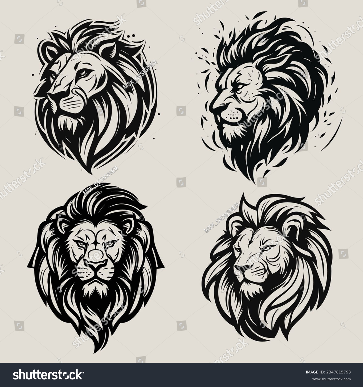 Lion head silhouette, vector illustration set. #2347815793