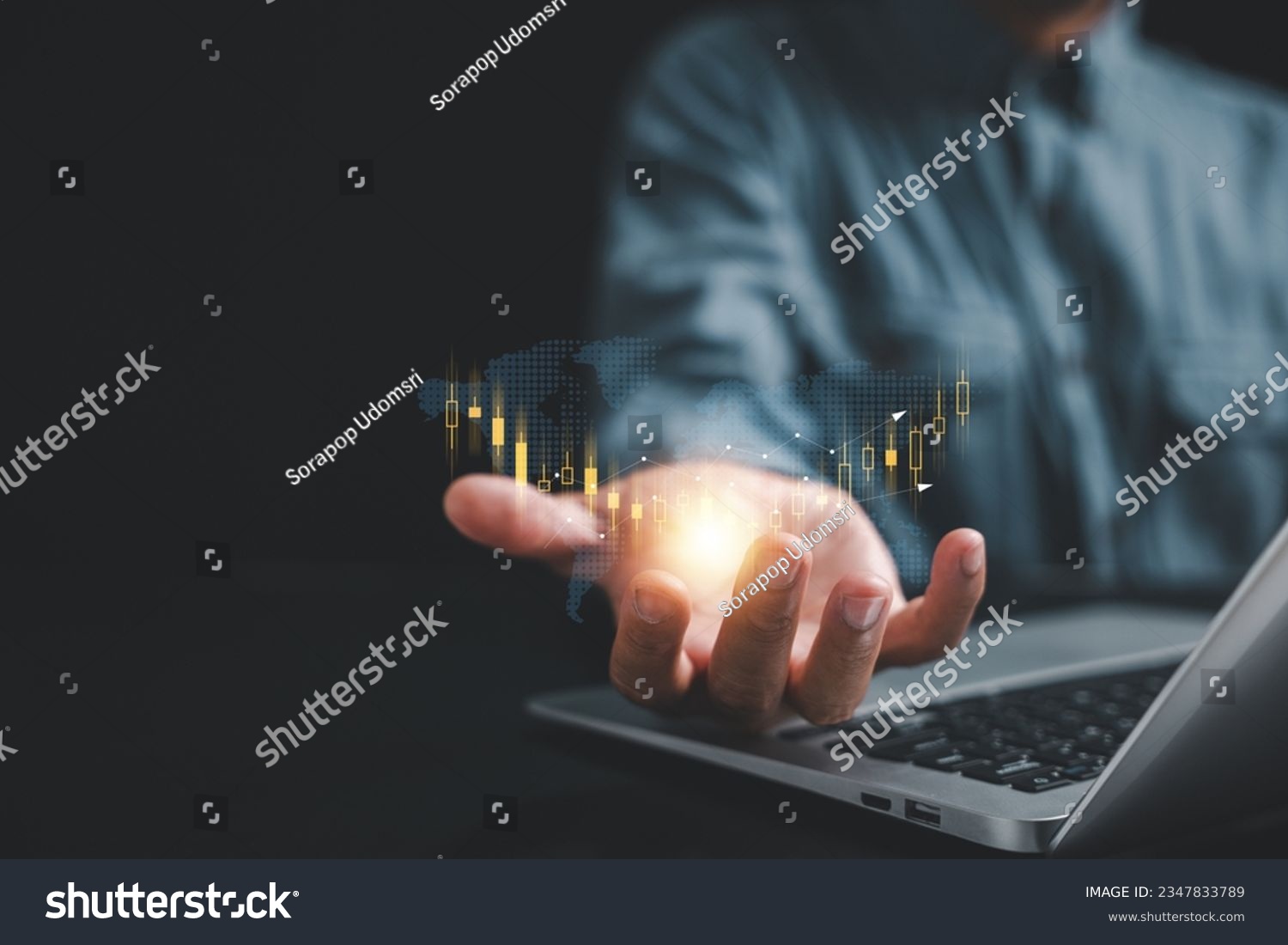 Close-up shot, Investor or trader man demonstrates a hologram of a stock growing chart on his palm. Stock market data analysis, trading strategies, and business growth concepts. Seize the opportunity. #2347833789