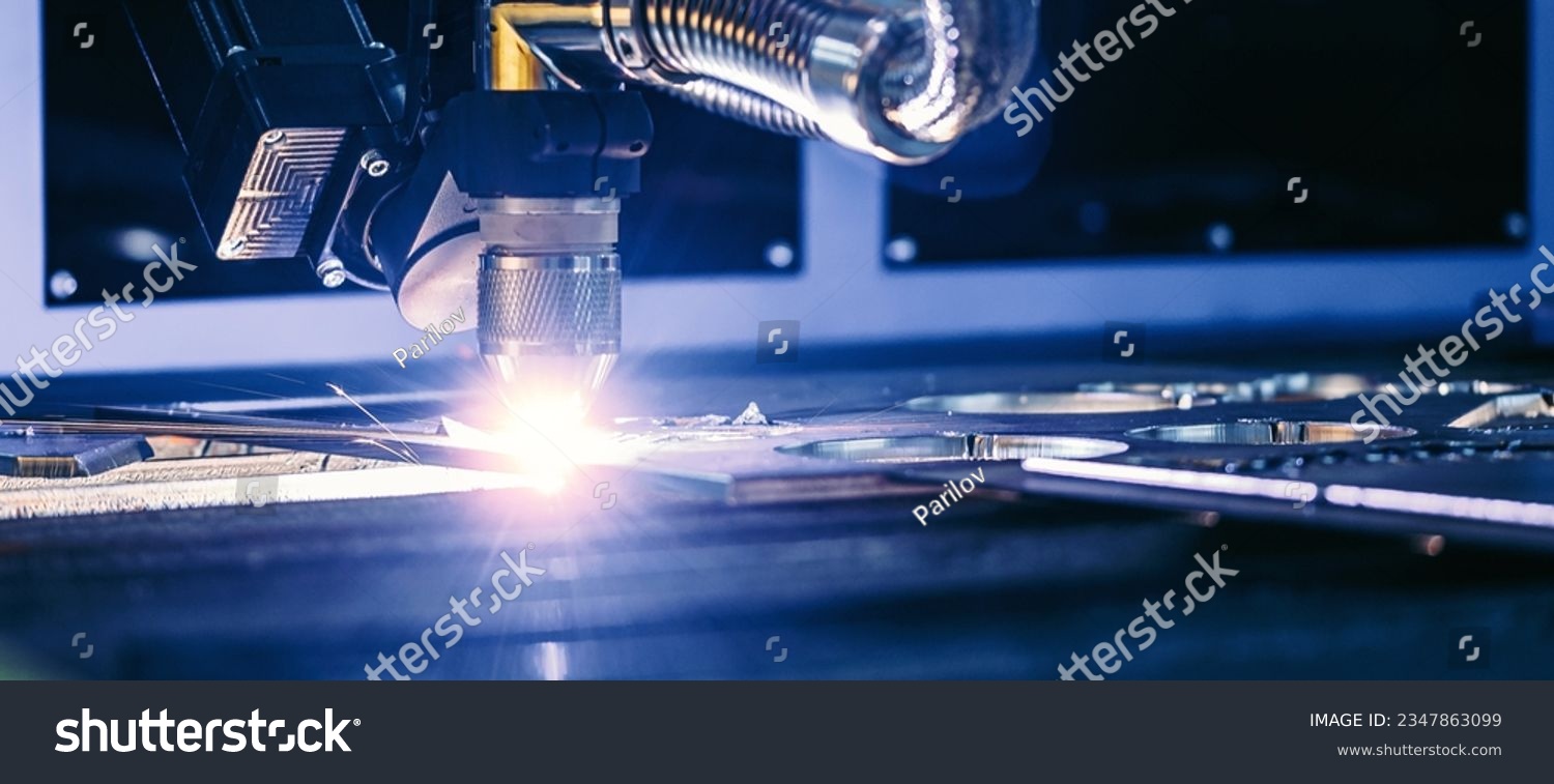 Metallurgy milling plasma cutting of metal CNC Laser engraving. Concept background modern industrial technology banner, blue toning. #2347863099