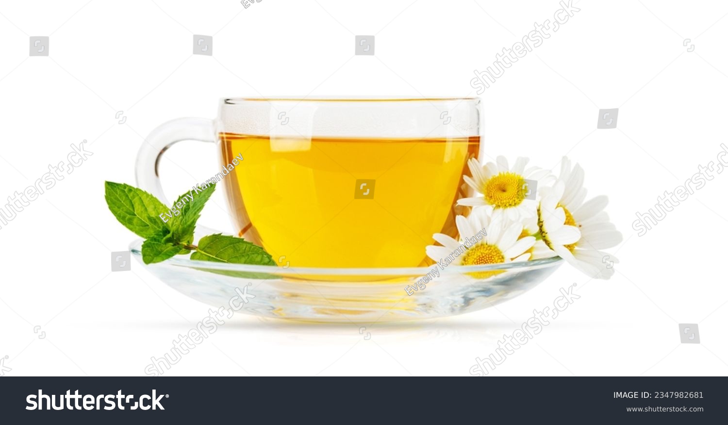 Soothing herbal tea blend with mint and chamomile. Isolated on white background #2347982681