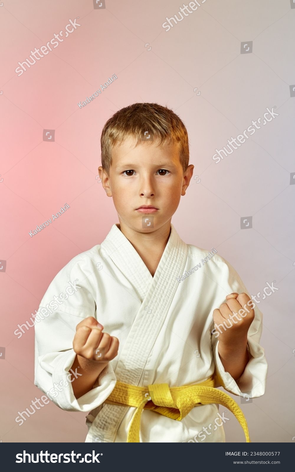 On a gradient colored background, a focused sportsman in karategi #2348000577