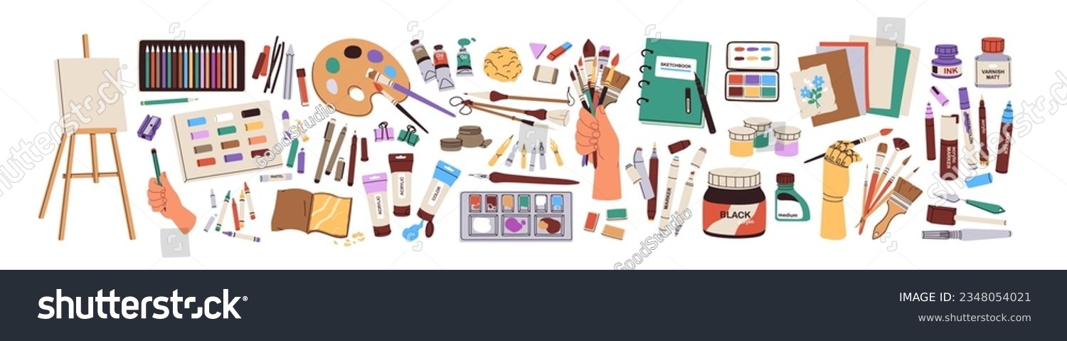 Art supplies, tools set. Paints palettes, brushes, pencil kit, pen, sketchbook, easel and canvas. Painters equipment, drawing stationery. Flat graphic vector illustrations isolated on white background #2348054021