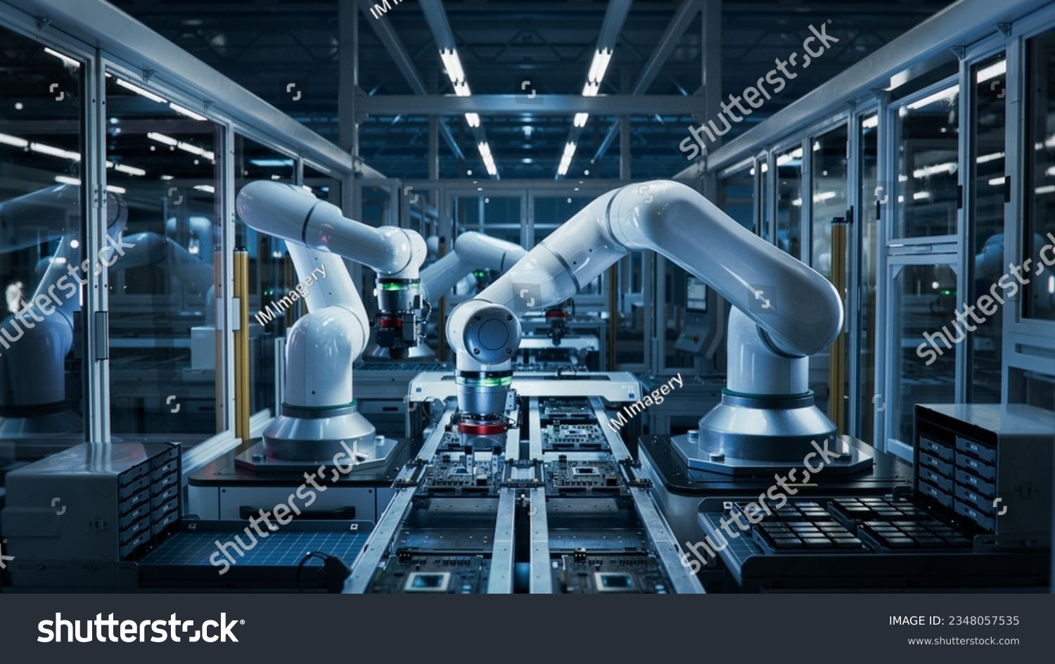 Manufacturing Automation. Advanced High Precision Robot Arms on Automated PCB Assembly Line Inside Modern Electronics Factory. Electronic Devices Production Industry. Component Installation Process. #2348057535