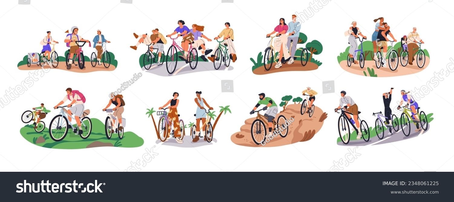 People cycling on bicycles set. Happy cyclists riding bikes in nature, road, mountains. Active family, friends, couple travel on summer holiday. Flat vector illustrations isolated on white background #2348061225