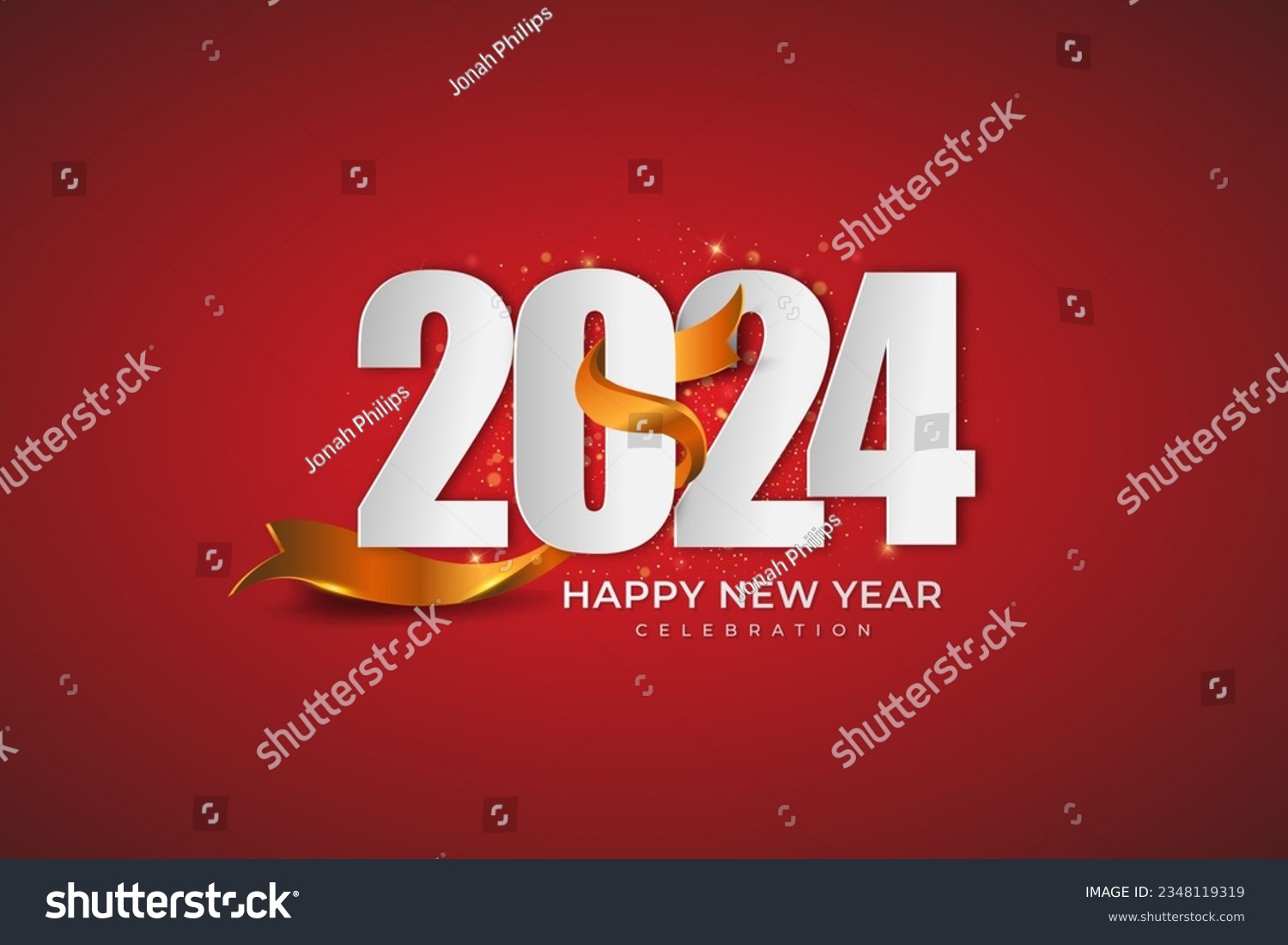 Happy New Year 2024. festive realistic decoration with gold ribbon for Celebrate 2024 party, calender and poster #2348119319