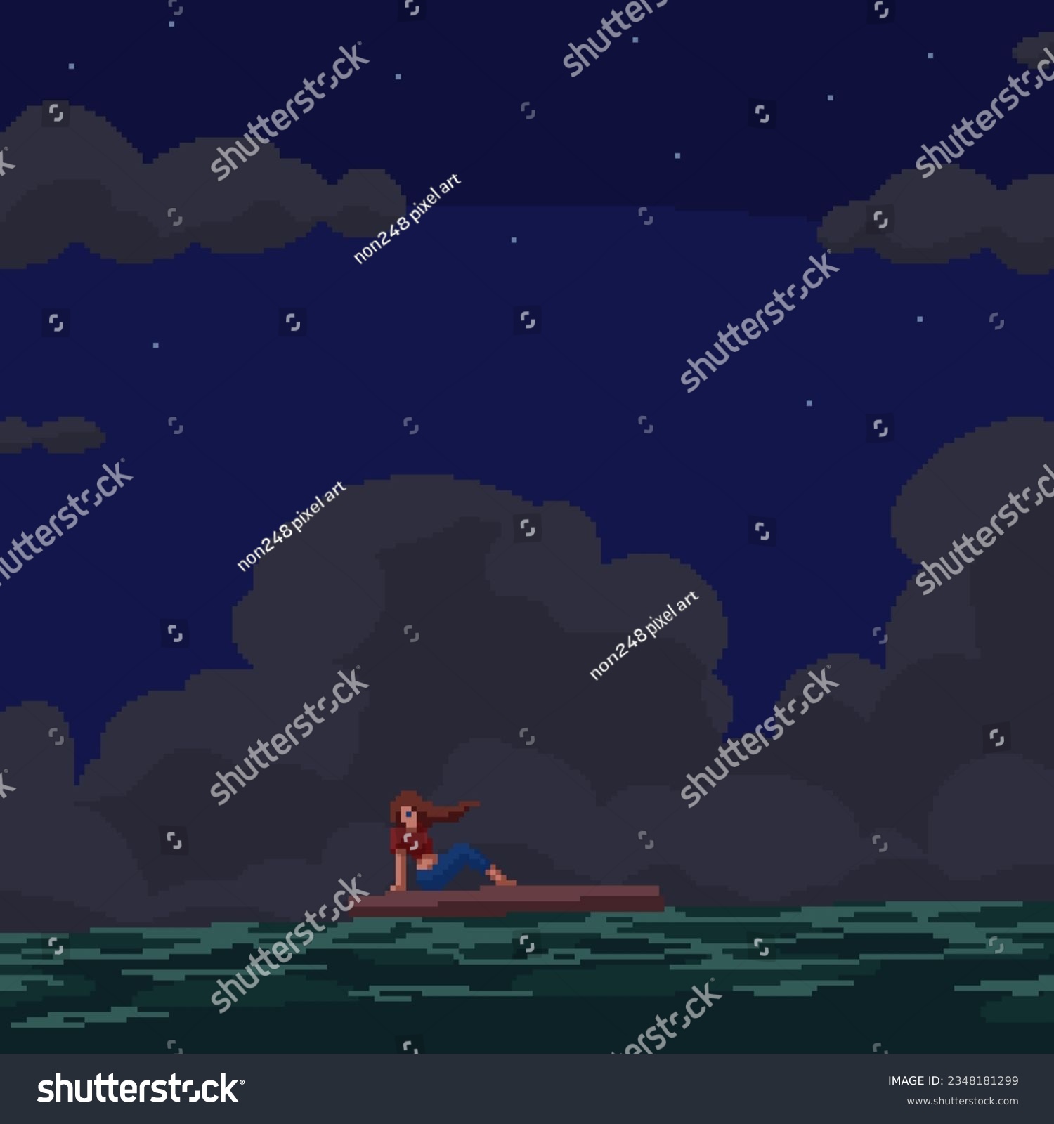 pixel art of woman raft sea - Royalty Free Stock Vector 2348181299 ...